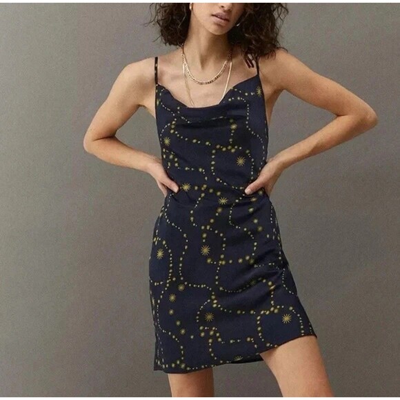 Urban Outfitters Mallory Celestial Slip Dress, Navy & Gold, Sz M Medium - Picture 1 of 8